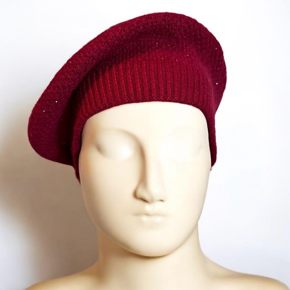 Unbranded Knit Cashmere Blend Wine Burgundy Sparkle Beret Hat Winter Cozy